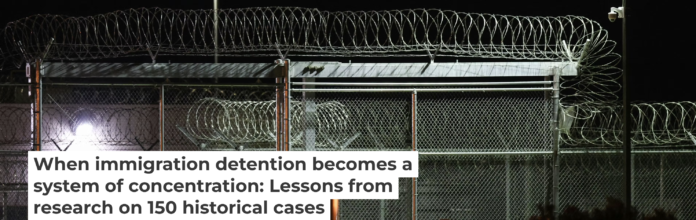 Barbed wire surrounds the GEO Group ICE detention facility in Adelanto, Calif. on July 10, 2025. Patrick T. Fallon/AFP via Getty Images